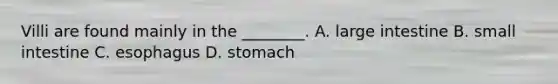Villi are found mainly in the ________. A. large intestine B. small intestine C. esophagus D. stomach