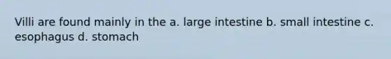 Villi are found mainly in the a. large intestine b. small intestine c. esophagus d. stomach