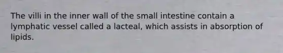 The villi in the inner wall of <a href='https://www.questionai.com/knowledge/kt623fh5xn-the-small-intestine' class='anchor-knowledge'>the small intestine</a> contain a lymphatic vessel called a lacteal, which assists in absorption of lipids.