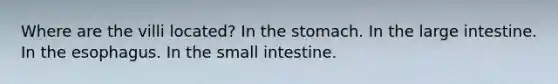 Where are the villi located? In <a href='https://www.questionai.com/knowledge/kLccSGjkt8-the-stomach' class='anchor-knowledge'>the stomach</a>. In the large intestine. In <a href='https://www.questionai.com/knowledge/kSjVhaa9qF-the-esophagus' class='anchor-knowledge'>the esophagus</a>. In the small intestine.