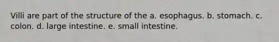 Villi are part of the structure of the a. esophagus. b. stomach. c. colon. d. large intestine. e. small intestine.