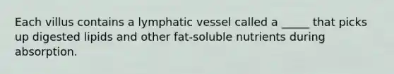 Each villus contains a lymphatic vessel called a _____ that picks up digested lipids and other fat-soluble nutrients during absorption.