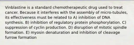 Vinblastine is a standard chemotherapeutic drug used to treat cancer. Because it interferes with the assembly of micro-tubules, its effectiveness must be related to A) inhibition of DNA synthesis. B) inhibition of regulatory protein phosphorylation. C) suppression of cyclin production. D) disruption of mitotic spindle formation. E) myosin denaturation and inhibition of cleavage furrow formation