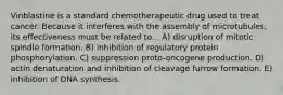 Vinblastine is a standard chemotherapeutic drug used to treat cancer. Because it interferes with the assembly of microtubules, its effectiveness must be related to... A) disruption of mitotic spindle formation. B) inhibition of regulatory protein phosphorylation. C) suppression proto-oncogene production. D) actin denaturation and inhibition of cleavage furrow formation. E) inhibition of DNA synthesis.