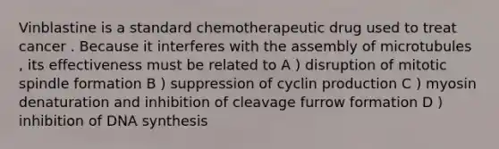 Vinblastine is a standard chemotherapeutic drug used to treat cancer . Because it interferes with the assembly of microtubules , its effectiveness must be related to A ) disruption of mitotic spindle formation B ) suppression of cyclin production C ) myosin denaturation and inhibition of cleavage furrow formation D ) inhibition of DNA synthesis