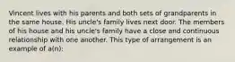 Vincent lives with his parents and both sets of grandparents in the same house. His uncle's family lives next door. The members of his house and his uncle's family have a close and continuous relationship with one another. This type of arrangement is an example of a(n):