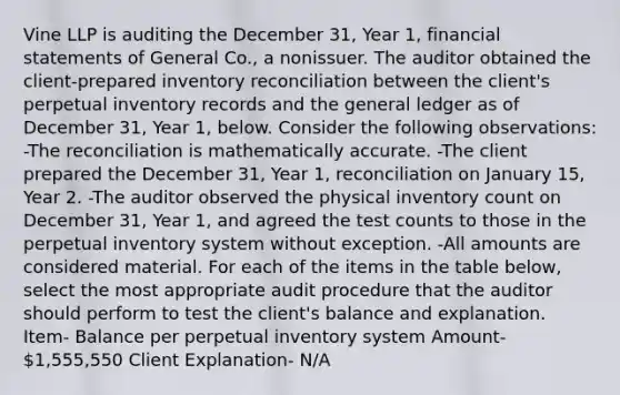 Vine LLP is auditing the December 31, Year 1, financial statements of General Co., a nonissuer. The auditor obtained the client-prepared inventory reconciliation between the client's perpetual inventory records and the general ledger as of December 31, Year 1, below. Consider the following observations: -The reconciliation is mathematically accurate. -The client prepared the December 31, Year 1, reconciliation on January 15, Year 2. -The auditor observed the physical inventory count on December 31, Year 1, and agreed the test counts to those in the perpetual inventory system without exception. -All amounts are considered material. For each of the items in the table below, select the most appropriate audit procedure that the auditor should perform to test the client's balance and explanation. Item- Balance per perpetual inventory system Amount- 1,555,550 Client Explanation- N/A