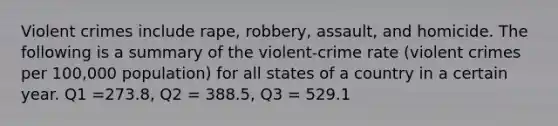 Violent crimes include​ rape, robbery,​ assault, and homicide. The following is a summary of the​ violent-crime rate​ (violent crimes per​ 100,000 population) for all states of a country in a certain year. Q1 =273.8​, Q2 = 388.5​, Q3 = 529.1