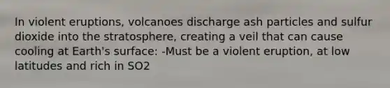 In violent eruptions, volcanoes discharge ash particles and sulfur dioxide into the stratosphere, creating a veil that can cause cooling at Earth's surface: -Must be a violent eruption, at low latitudes and rich in SO2
