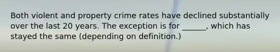 Both violent and property crime rates have declined substantially over the last 20 years. The exception is for ______, which has stayed the same (depending on definition.)