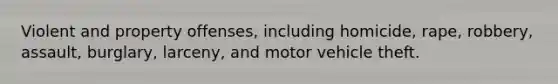 Violent and property offenses, including homicide, rape, robbery, assault, burglary, larceny, and motor vehicle theft.