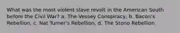 What was the most violent slave revolt in the American South before the Civil War? a. The Vessey Conspiracy, b. Bacon's Rebellion, c. Nat Turner's Rebellion, d. The Stono Rebellion