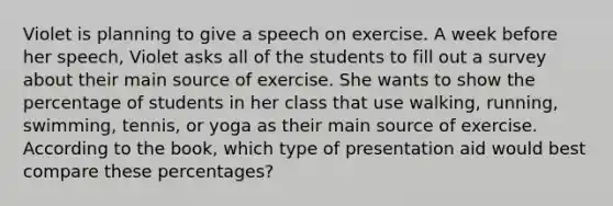 Violet is planning to give a speech on exercise. A week before her speech, Violet asks all of the students to fill out a survey about their main source of exercise. She wants to show the percentage of students in her class that use walking, running, swimming, tennis, or yoga as their main source of exercise. According to the book, which type of presentation aid would best compare these percentages?