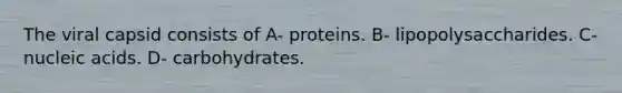 The viral capsid consists of A- proteins. B- lipopolysaccharides. C- nucleic acids. D- carbohydrates.