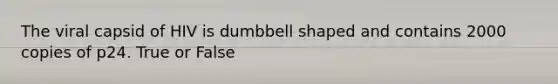 The viral capsid of HIV is dumbbell shaped and contains 2000 copies of p24. True or False