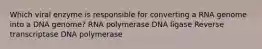 Which viral enzyme is responsible for converting a RNA genome into a DNA genome? RNA polymerase DNA ligase Reverse transcriptase DNA polymerase