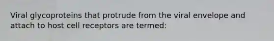 Viral glycoproteins that protrude from the viral envelope and attach to host cell receptors are termed: