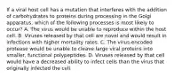 If a viral host cell has a mutation that interferes with the addition of carbohydrates to proteins during processing in the Golgi apparatus, which of the following processes is most likely to occur? A. The virus would be unable to reproduce within the host cell. B. Viruses released by that cell are novel and would result in infections with higher mortality rates. C. The virus-encoded protease would be unable to cleave large viral proteins into smaller, functional polypeptides. D. Viruses released by that cell would have a decreased ability to infect cells than the virus that originally infected the cell.