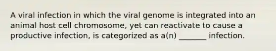 A viral infection in which the viral genome is integrated into an animal host cell chromosome, yet can reactivate to cause a productive infection, is categorized as a(n) _______ infection.