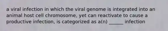 a viral infection in which the viral genome is integrated into an animal host cell chromosome, yet can reactivate to cause a productive infection, is categorized as a(n) ______ infection