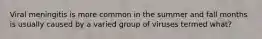 Viral meningitis is more common in the summer and fall months is usually caused by a varied group of viruses termed what?