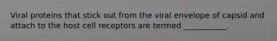 Viral proteins that stick out from the viral envelope of capsid and attach to the host cell receptors are termed ___________.