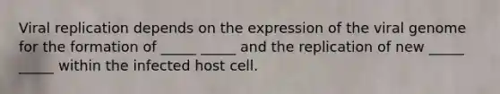 Viral replication depends on the expression of the viral genome for the formation of _____ _____ and the replication of new _____ _____ within the infected host cell.