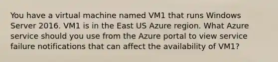 You have a virtual machine named VM1 that runs Windows Server 2016. VM1 is in the East US Azure region. What Azure service should you use from the Azure portal to view service failure notifications that can affect the availability of VM1?