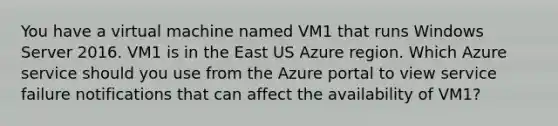 You have a virtual machine named VM1 that runs Windows Server 2016. VM1 is in the East US Azure region. Which Azure service should you use from the Azure portal to view service failure notifications that can affect the availability of VM1?