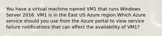 You have a virtual machine named VM1 that runs Windows Server 2016. VM1 is in the East US Azure region.Which Azure service should you use from the Azure portal to view service failure notifications that can affect the availability of VM1?