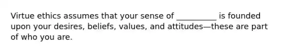 Virtue ethics assumes that your sense of __________ is founded upon your desires, beliefs, values, and attitudes—these are part of who you are.