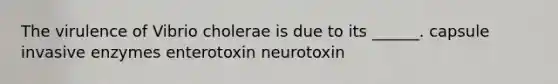 The virulence of Vibrio cholerae is due to its ______. capsule invasive enzymes enterotoxin neurotoxin