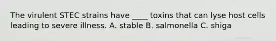 The virulent STEC strains have ____ toxins that can lyse host cells leading to severe illness. A. stable B. salmonella C. shiga