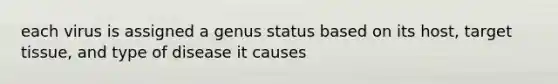 each virus is assigned a genus status based on its host, target tissue, and type of disease it causes