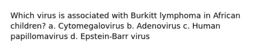 Which virus is associated with Burkitt lymphoma in African children? a. Cytomegalovirus b. Adenovirus c. Human papillomavirus d. Epstein-Barr virus