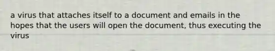 a virus that attaches itself to a document and emails in the hopes that the users will open the document, thus executing the virus