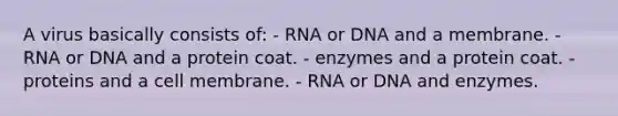 A virus basically consists of: - RNA or DNA and a membrane. - RNA or DNA and a protein coat. - enzymes and a protein coat. - proteins and a cell membrane. - RNA or DNA and enzymes.