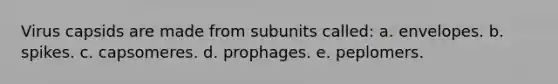 Virus capsids are made from subunits called: a. envelopes. b. spikes. c. capsomeres. d. prophages. e. peplomers.