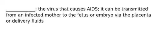 _____________: the virus that causes AIDS; it can be transmitted from an infected mother to the fetus or embryo via the placenta or delivery fluids