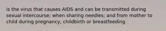 is the virus that causes AIDS and can be transmitted during sexual intercourse; when sharing needles; and from mother to child during pregnancy, childbirth or breastfeeding