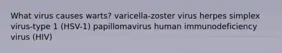 What virus causes warts? varicella-zoster virus herpes simplex virus-type 1 (HSV-1) papillomavirus human immunodeficiency virus (HIV)