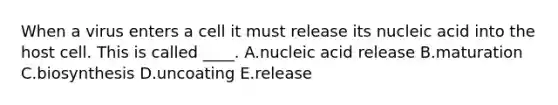 When a virus enters a cell it must release its nucleic acid into the host cell. This is called ____. A.nucleic acid release B.maturation C.biosynthesis D.uncoating E.release