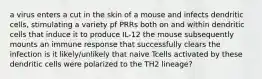 a virus enters a cut in the skin of a mouse and infects dendritic cells, stimulating a variety pf PRRs both on and within dendritic cells that induce it to produce IL-12 the mouse subsequently mounts an immune response that successfully clears the infection is it likely/unlikely that naive Tcells activated by these dendritic cells were polarized to the TH2 lineage?