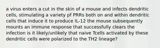 a virus enters a cut in the skin of a mouse and infects dendritic cells, stimulating a variety pf PRRs both on and within dendritic cells that induce it to produce IL-12 the mouse subsequently mounts an immune response that successfully clears the infection is it likely/unlikely that naive Tcells activated by these dendritic cells were polarized to the TH2 lineage?