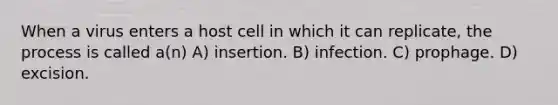 When a virus enters a host cell in which it can replicate, the process is called a(n) A) insertion. B) infection. C) prophage. D) excision.