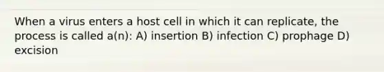 When a virus enters a host cell in which it can replicate, the process is called a(n): A) insertion B) infection C) prophage D) excision