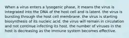 When a virus enters a lysogenic phase, it means the virus is integrated into the DNA of the host cell and is latent. the virus is bursting through the host cell membrane. the virus is starting biosynthesis of its nucleic acid. the virus will remain in circulation and not continue infecting its host. the number of viruses in the host is decreasing as the immune system becomes effective.