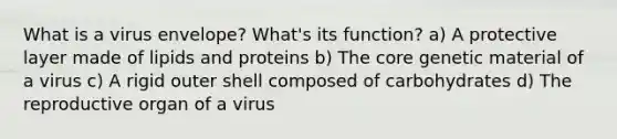 What is a virus envelope? What's its function? a) A protective layer made of lipids and proteins b) The core genetic material of a virus c) A rigid outer shell composed of carbohydrates d) The reproductive organ of a virus