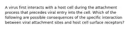 A virus first interacts with a host cell during the attachment process that precedes viral entry into the cell. Which of the following are possible consequences of the specific interaction between viral attachment sites and host cell surface receptors?