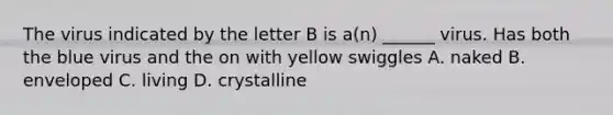 The virus indicated by the letter B is a(n) ______ virus. Has both the blue virus and the on with yellow swiggles A. naked B. enveloped C. living D. crystalline